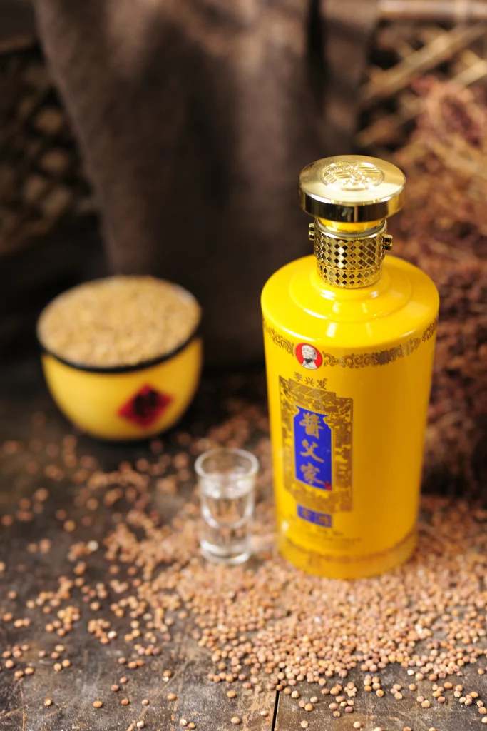 Premium aged Chinese liquor Jiangfujia Lao Jiu bottle close-up